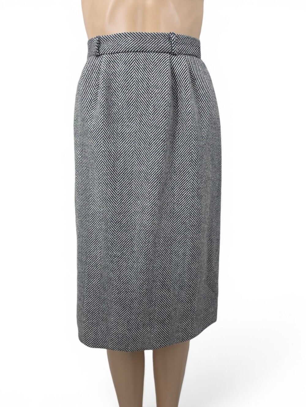 Vintage Wool Classic Black and White Herringbone Pleated Midi Skirt